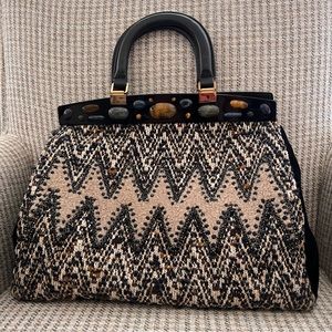 Tory Burch Suede Shearling Fur Embellished Tweed Altersee Chevron Handbag